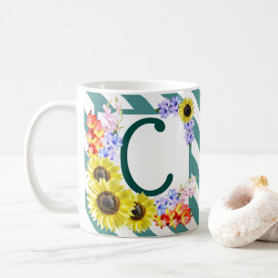 Mug Monogramme de tournesol Rayures Turquoises