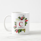Mug Monogramme de verdure de Noël Rouge Élégant (Gauche)