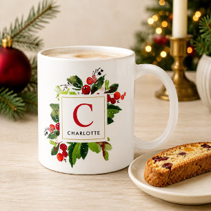Mug Monogramme de verdure de Noël Rouge Élégant