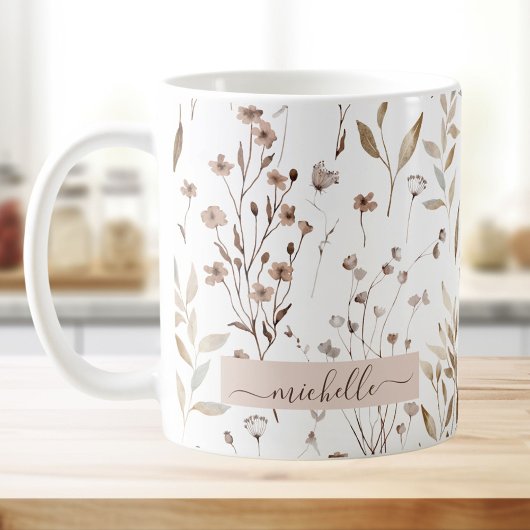 Mug Monogramme Delicate Fleurs sauvages Brown Feuilles