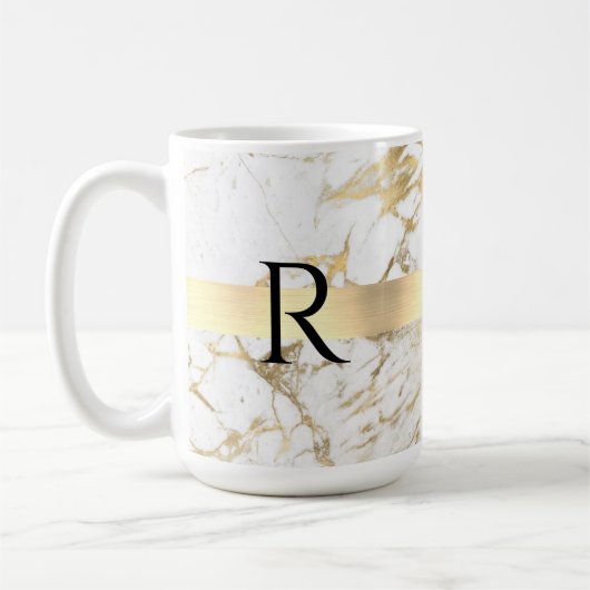 Mug Monogramme DIY Texte Noir, Marbre Blanc et Or (Gauche)