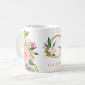 Mug Monogramme d'or Aquarelle Florale Botanique (Devant gauche)