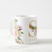 Mug Monogramme d'or Aquarelle Florale Botanique (Devant gauche)