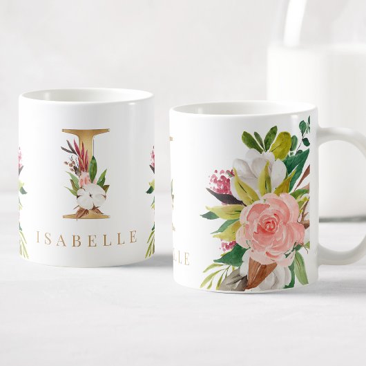 Mug Monogramme d'or Aquarelle Florale Botanique