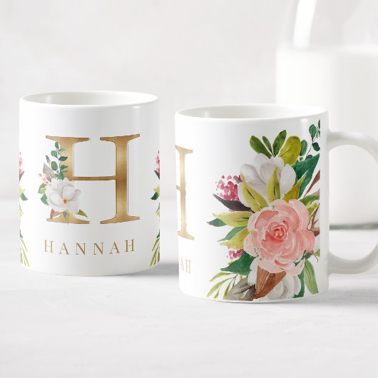 Mug Monogramme d'or Aquarelle Florale Botanique
