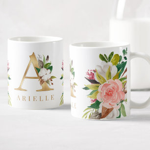 Mug Monogramme d'or Aquarelle Florale Botanique
