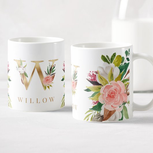 Mug Monogramme d'or Aquarelle Florale Botanique