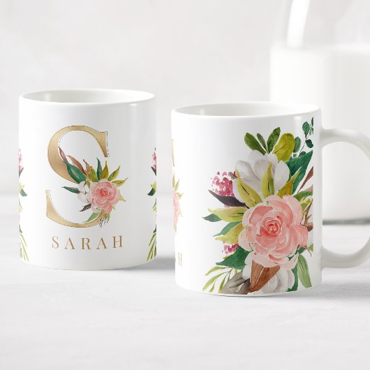Mug Monogramme d'or Aquarelle Florale Botanique