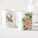 Mug Monogramme d'or Aquarelle Florale Botanique<br><div class="desc">Une tasse à café personnalisée avec un faux monogramme "R" de lettre d'or,  avec des illustrations décoratives de couleur aquarelle florale et feuillage. Customisez facilement avec votre nom ou créez un cadeau unique pour vos proches.</div>