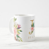 Mug Monogramme d'or Aquarelle Florale Botanique (Devant gauche)