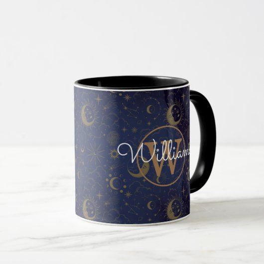 Mug Monogramme d'or mystique céleste Nom du script (Devant droit)