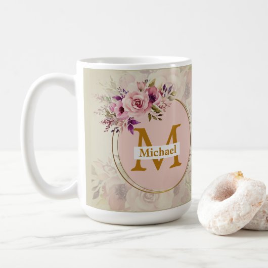 Mug Monogramme doré floral élégant | Nom & Initiale (Avec donut)