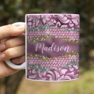 Mug Monogramme doré rose violet pailleté floral élégan