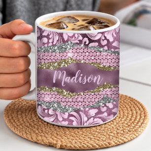 Mug Monogramme doré rose violet pailleté floral élégan