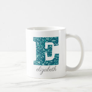 Mug Monogramme E personnalisé avec paillettes sarcelle