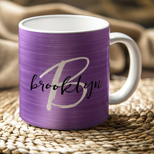 Mug Monogramme écriture noir blanc Métal brossé Violet