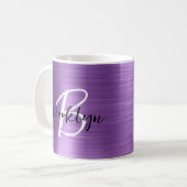 Mug Monogramme écriture noir blanc Métal brossé Violet (Devant gauche)