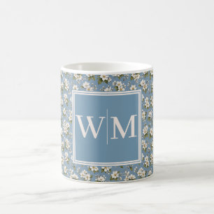 Mug Monogramme Élégant Fleur Bleue