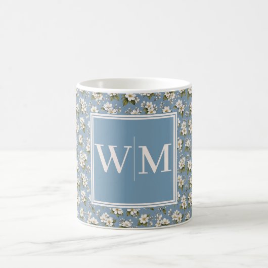 Mug Monogramme Élégant Fleur Bleue (Centre)