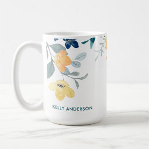 Mug Monogramme élégant floral aquarelle jaune et bleu