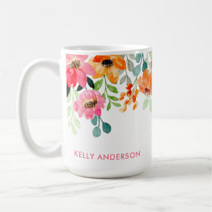 Mug Monogramme élégant floral aquarelle rose