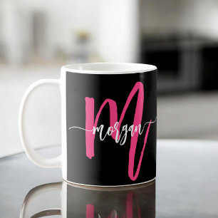 Mug Monogramme élégant moderne rose chaud noir