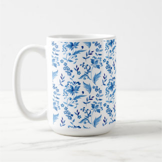 Mug Monogramme Élégant Motif Floral Bleu Vintage
