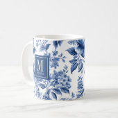 Mug Monogramme Élégant Rose Florale Bleu Blanc (Devant gauche)