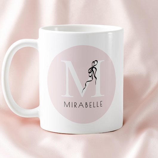 Mug Monogramme élégant rose girly noir ruban initial m