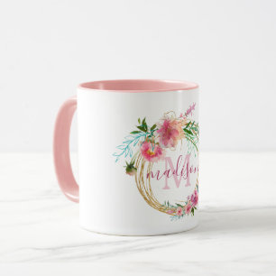 Mug Monogramme en lettres d'or de main florale