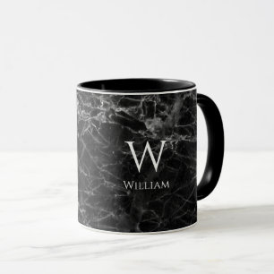 Mug Monogramme en marbre noir Nom moderne blanc initia