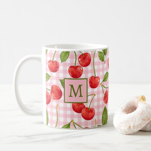 Mug Monogramme En vichy rose & cerise Musique (Avec donut)