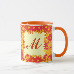 Mug Monogramme encadré de fleurs - rouge et or