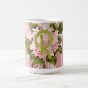 Mug Monogramme et fleurs sur rayures roses