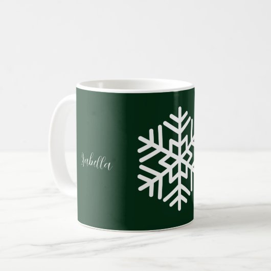Mug Monogramme et gros flocon blanc sur Forest Green (Devant gauche)