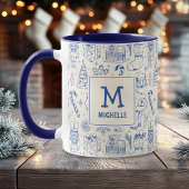 Mug Monogramme et nom du canicule de Noël bleu