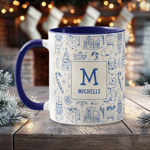 Mug Monogramme et nom du canicule de Noël bleu