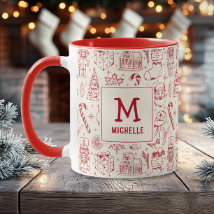 Mug Monogramme et nom du canicule de Noël rouge
