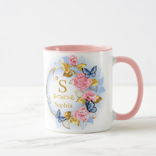Mug Monogramme et nom élégants avec papillon floral in