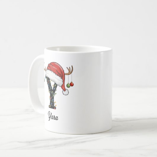 Mug Monogramme Famille Noël Antlers Santa Hat PHOTO (Devant gauche)