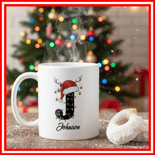 Mug Monogramme Famille Noël Antlers Santa Hat PHOTO