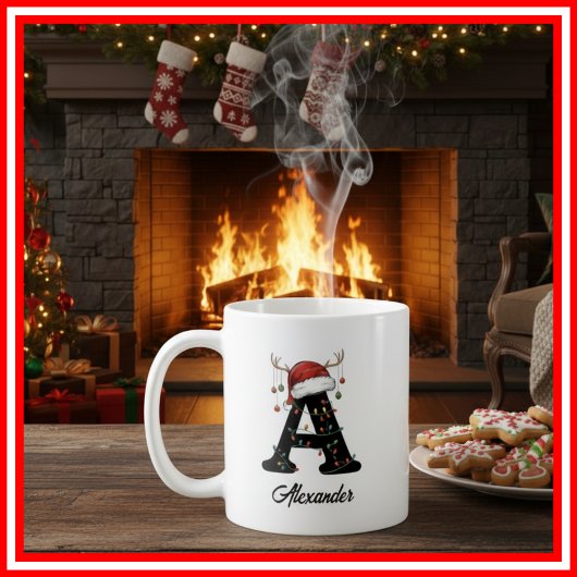 Mug Monogramme Famille Noël Antlers Santa Hat PHOTO