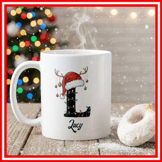 Mug Monogramme Famille Noël Antlers Santa Hat PHOTO