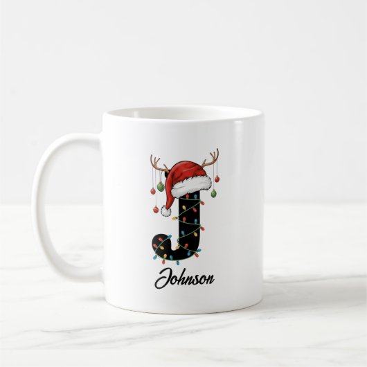 Mug Monogramme Famille Noël Antlers Santa Hat PHOTO (Gauche)