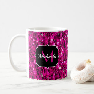 Mug Monogramme faux paillettes scintillantes rose chau