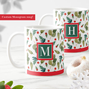Mug Monogramme, Festive et Holly, Rouge Vert