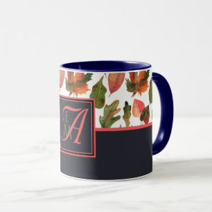 Mug Monogramme Feuilles d'automne Bleu Orange Décor d'