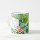 Mug Monogramme Flamant rose tropical et fleurs d'Hibis (Devant gauche)