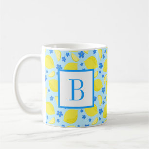 Mug Monogramme Fleur Bleu Citron initial personnalisé