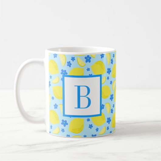 Mug Monogramme Fleur Bleu Citron initial personnalisé (Gauche)
